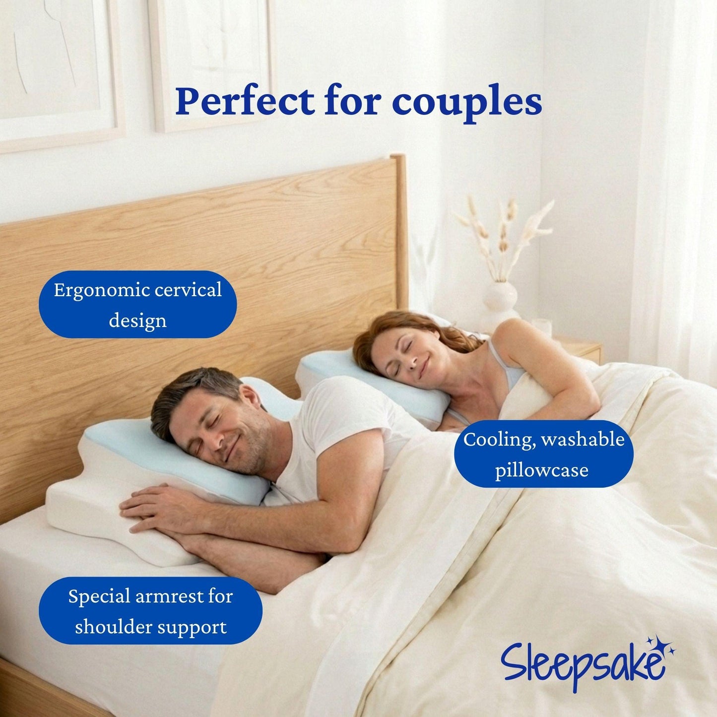 Couple sleeping with Sleepsake pillows, surrounded by text highlighting features.