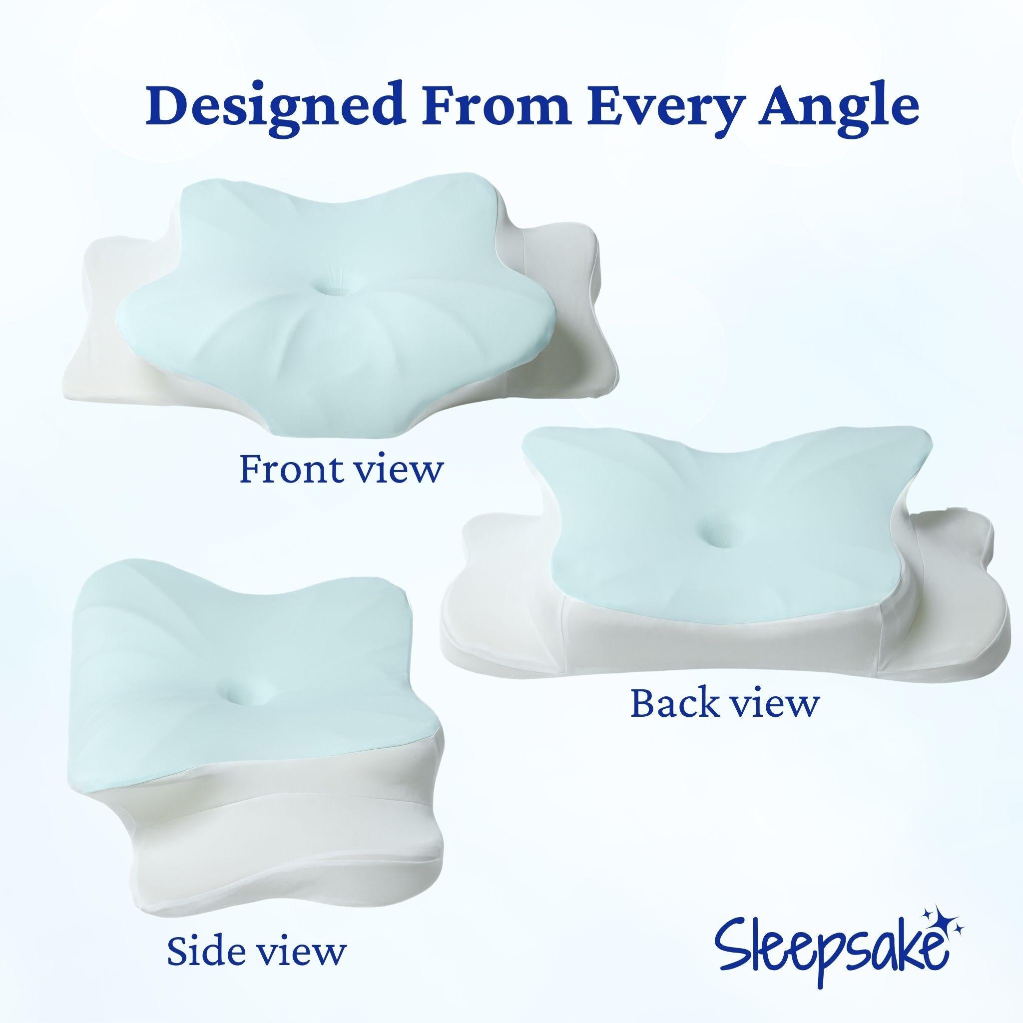 Sleepsake Butterfly Pillow showing front, back, and side views on a white background.