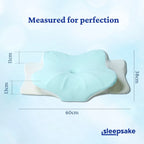 Dimensions of the Sleepsake pillow with 'Measured for perfection' text.