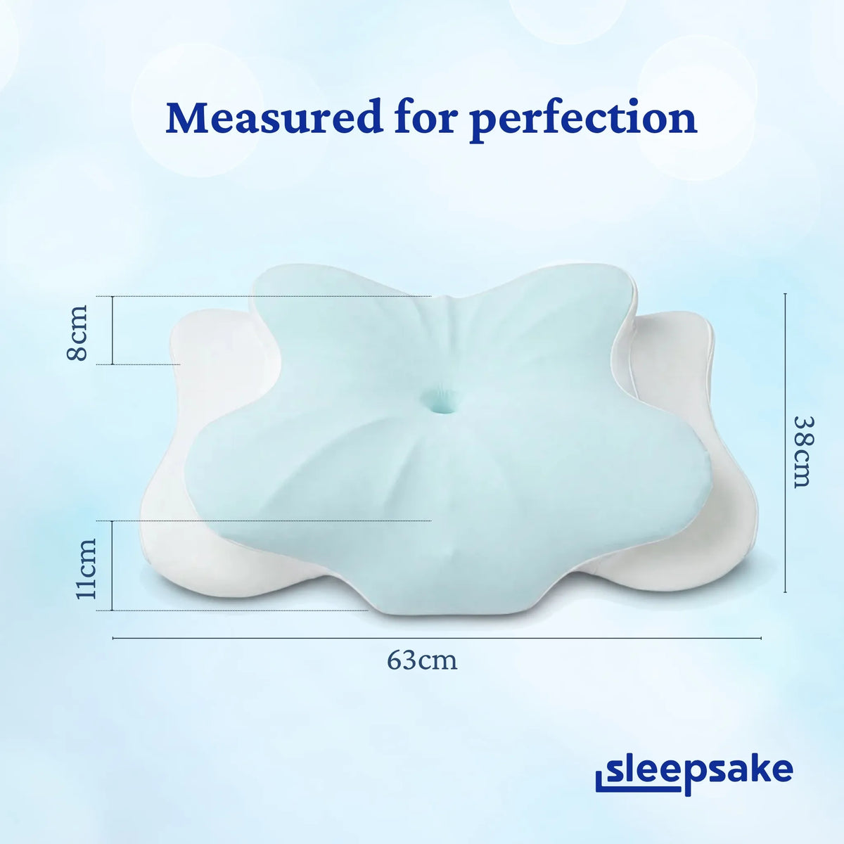 Dimensions of the Sleepsake pillow with 'Measured for perfection' text.
