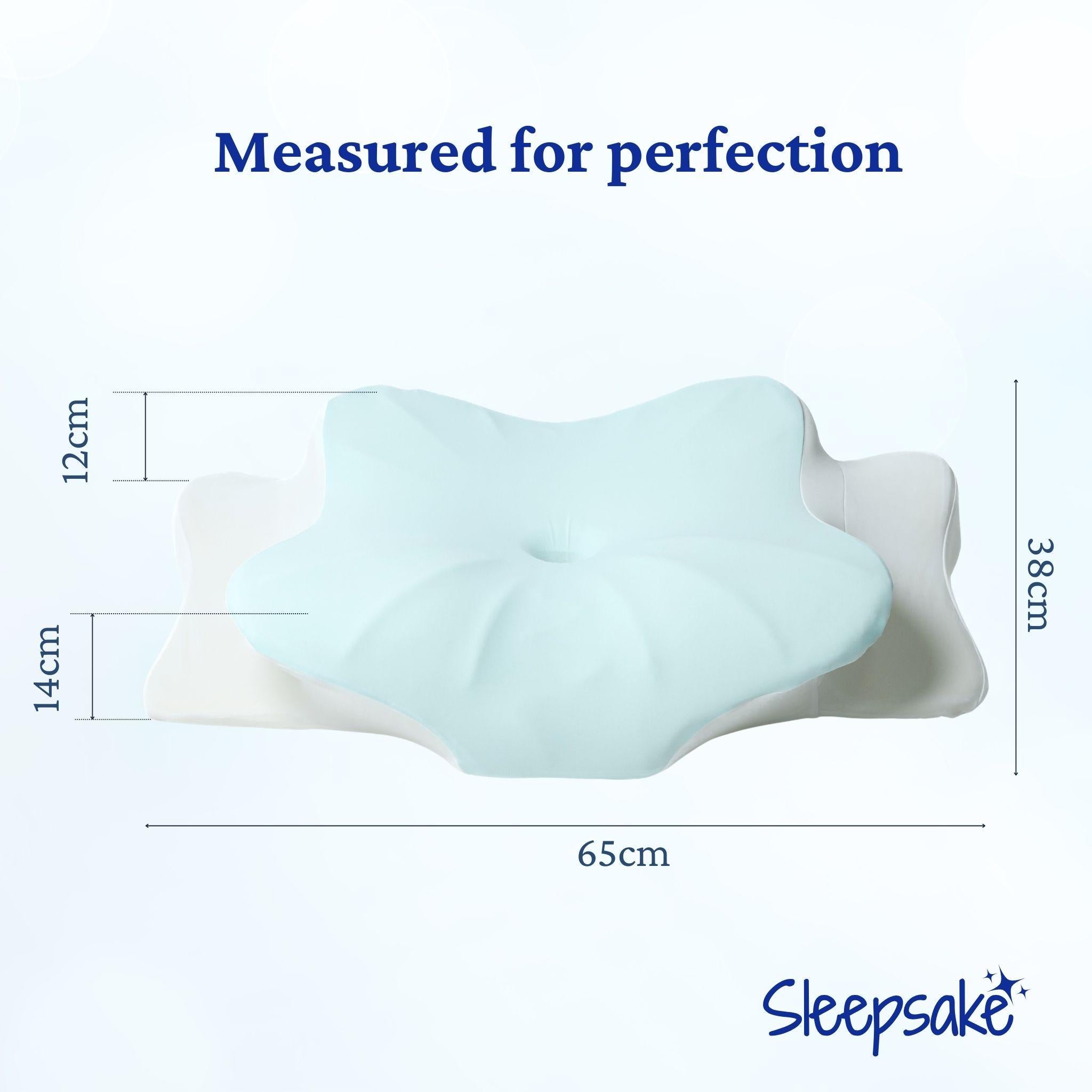 Measurement chart of a pillow with dimensions labeled, featuring the 'Sleepsake' brand.