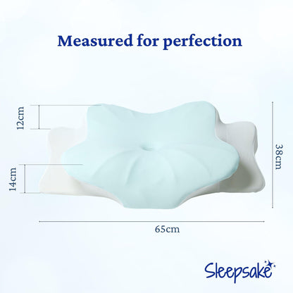 Measurement chart of a pillow with dimensions labeled, featuring the 'Sleepsake' brand.