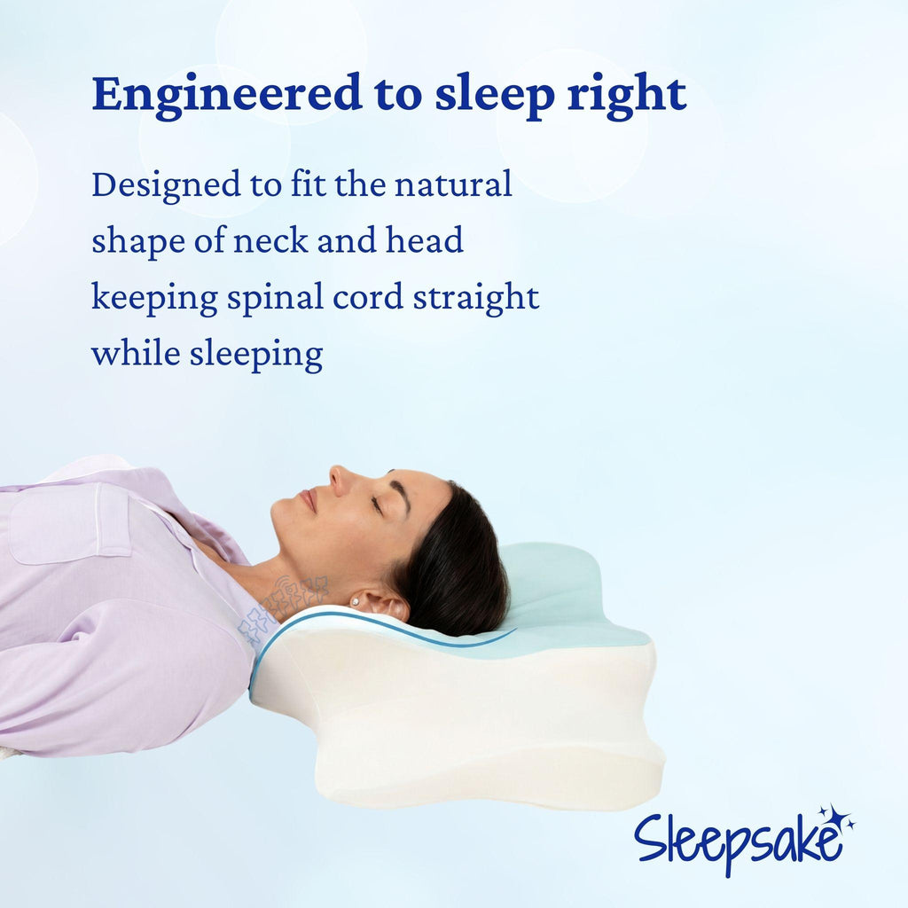 Woman lying on a Sleepsake pillow with text about its design for neck and head comfort.