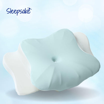 Baby head support pillow with 'Sleepsake' branding on a light blue background