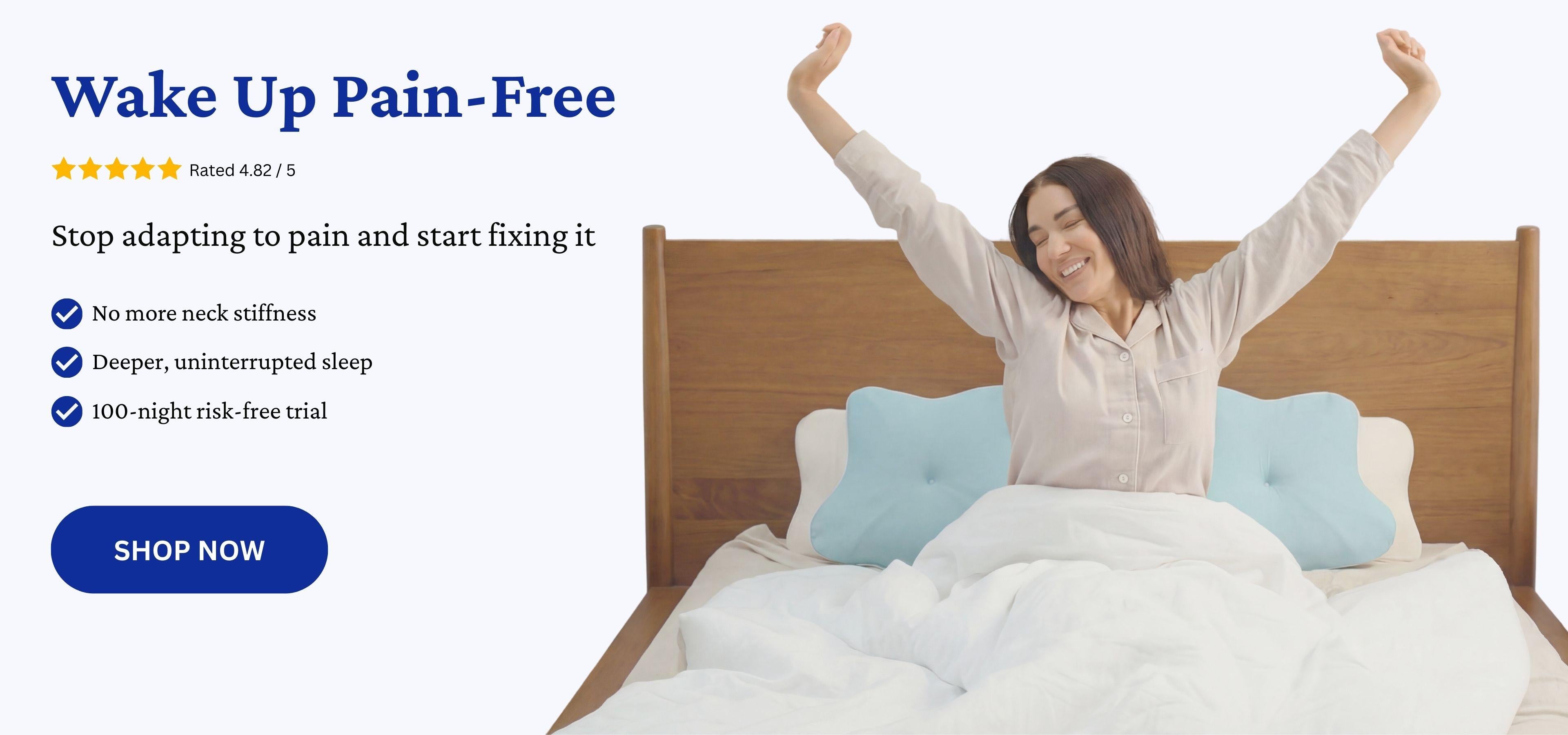 Woman waking up pain-free due to her Sleepsake pillows, featuring a 4.82 on 5 rating and specific pain points it solves.