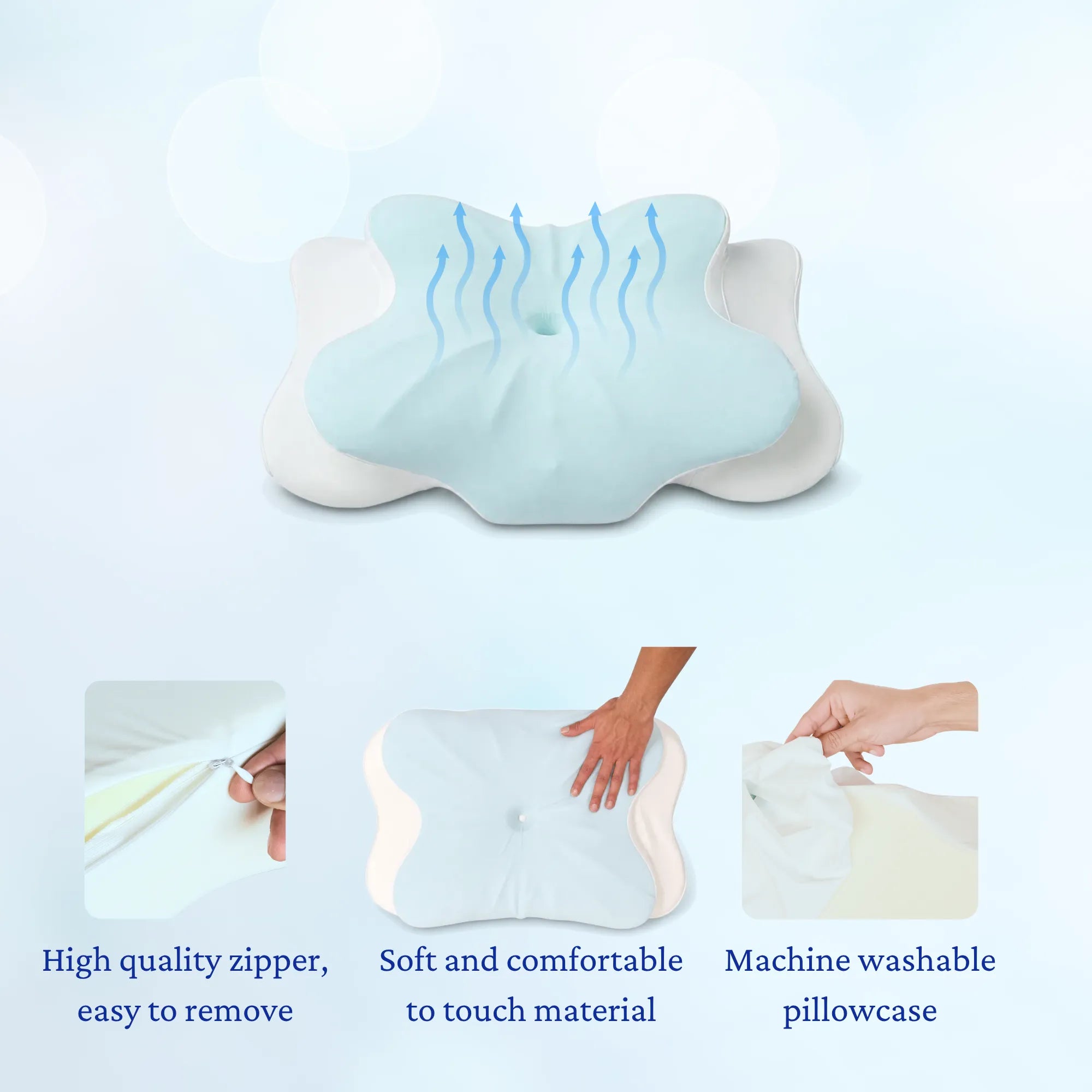 The Sleepsake Butterfly Pillow displayed with lifestyle context on a soft background, highlighting three key features: machine washable pillowcase for easy care, premium soft-touch material for comfort, and durable construction shown through detailed product angles.