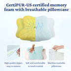 Memory foam pillow with breathable pillowcase, CertiPUR-US certified, shown with text highlighting features.
