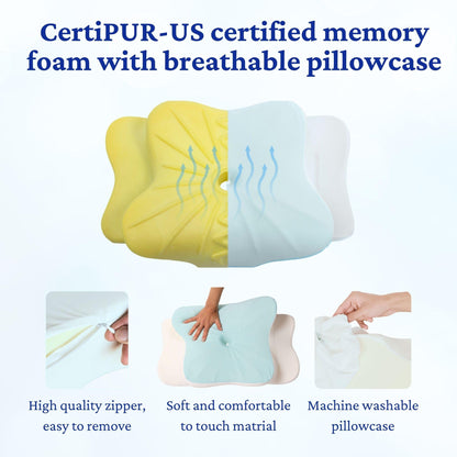 Memory foam pillow with breathable pillowcase, CertiPUR-US certified, shown with text highlighting features.