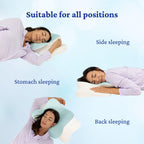 Woman sleeping in different positions with the Sleepsake pillow, highlighting that the pillow is suitable for all sleep positions.
