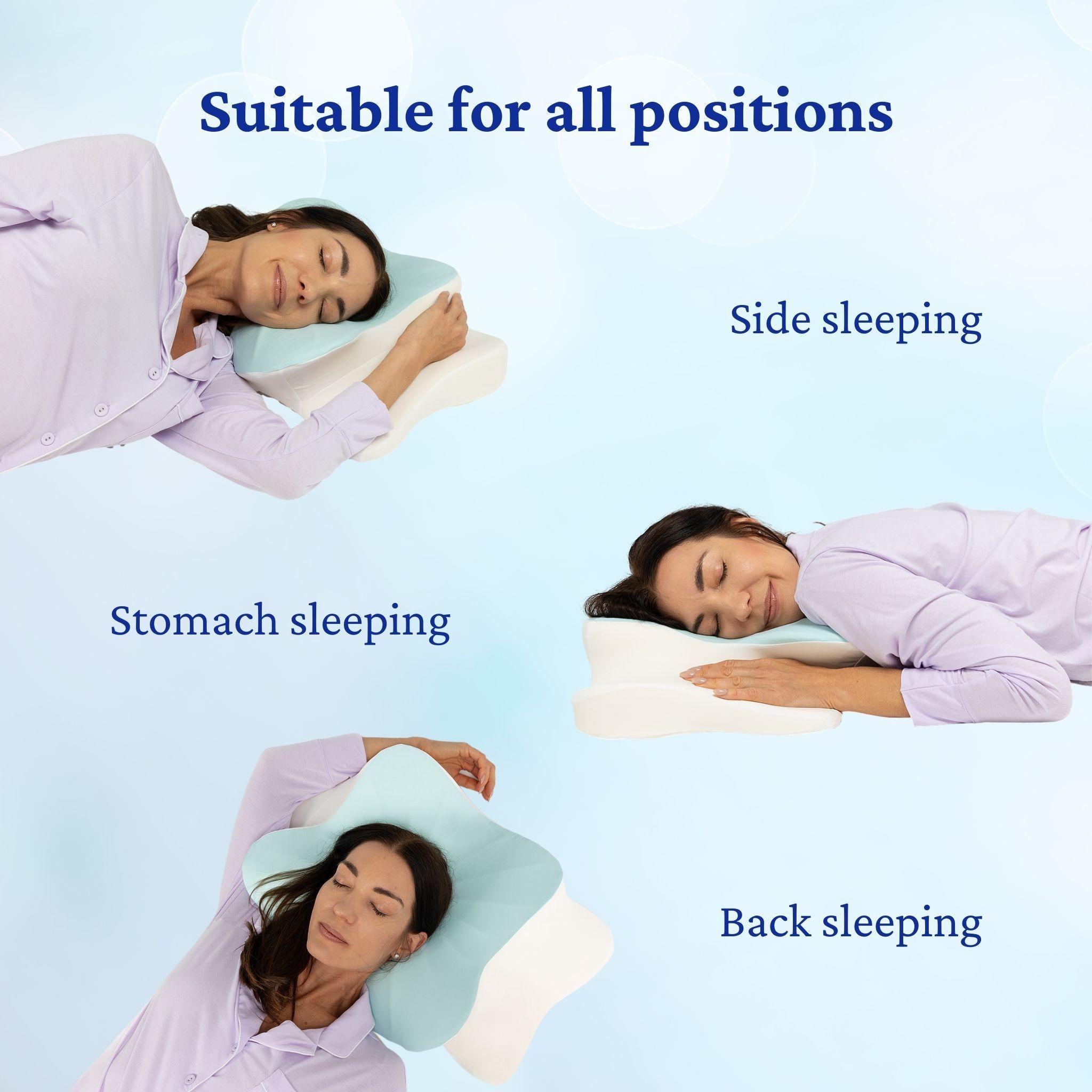 Woman sleeping in different positions with the Sleepsake pillow, highlighting that the pillow is suitable for all sleep positions.