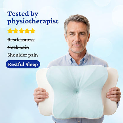 Physio holding a pillow with text about its benefits and the pain point it solves for customers.