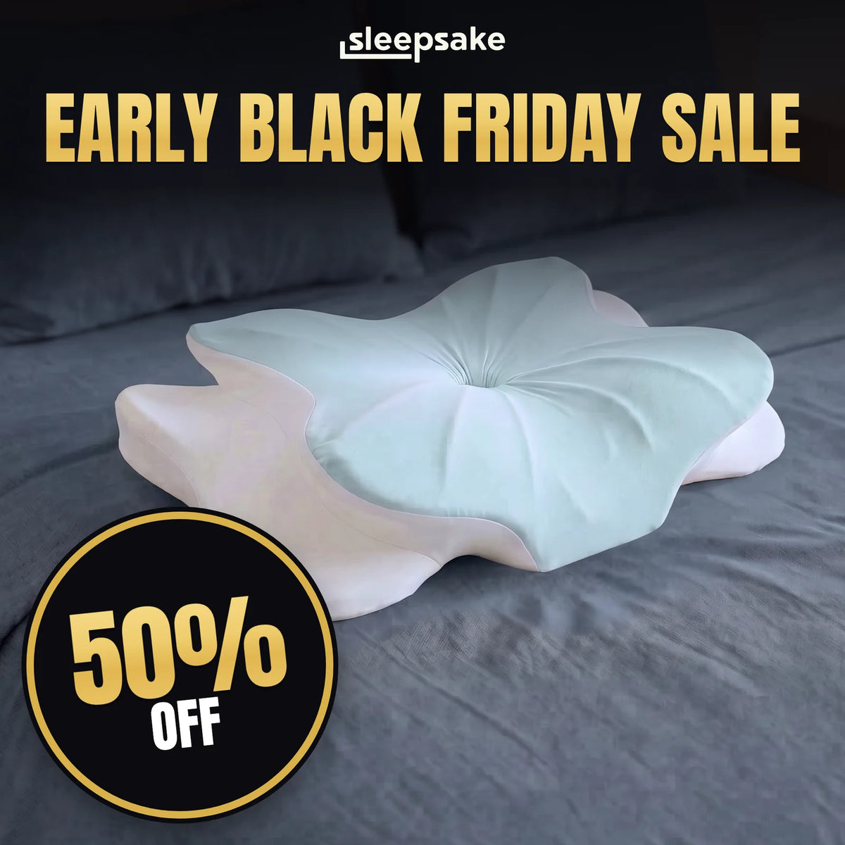 Sleepsake Butterfly Pillow on a made bed, ready for a night without a sore shoulder. Early Black Friday sale, 50% off.