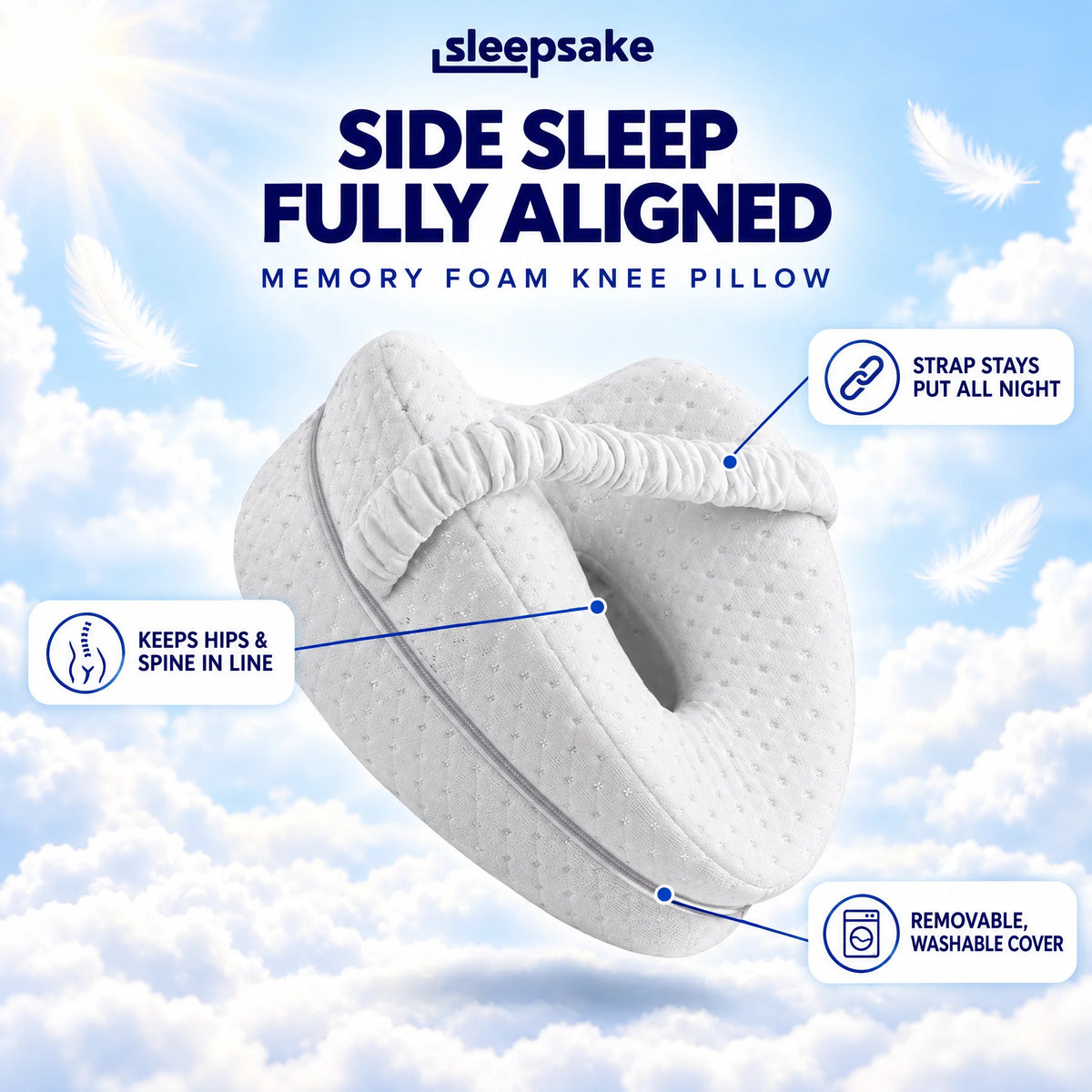 Sleepsake memory foam knee pillow in white – contoured leg pillow for side sleepers with an adjustable strap