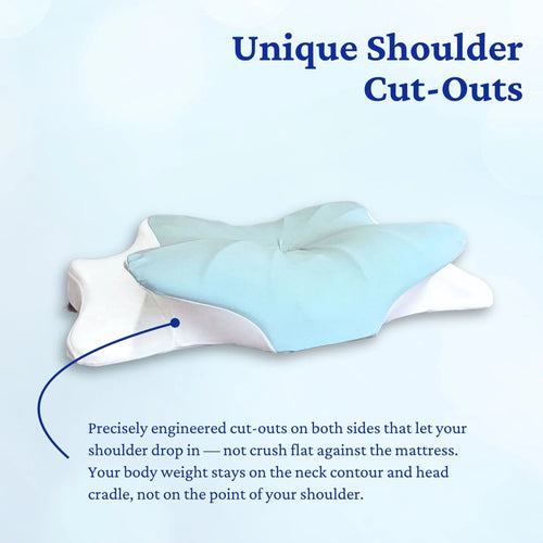 Butterfly pillow with unique shoulder cut-outs on a light blue background