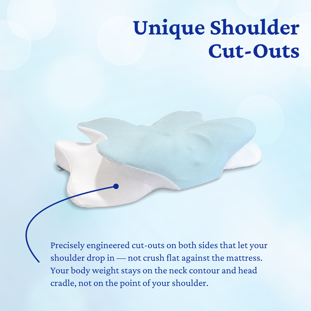 Butterfly pillow with unique shoulder cut-outs on a light blue background